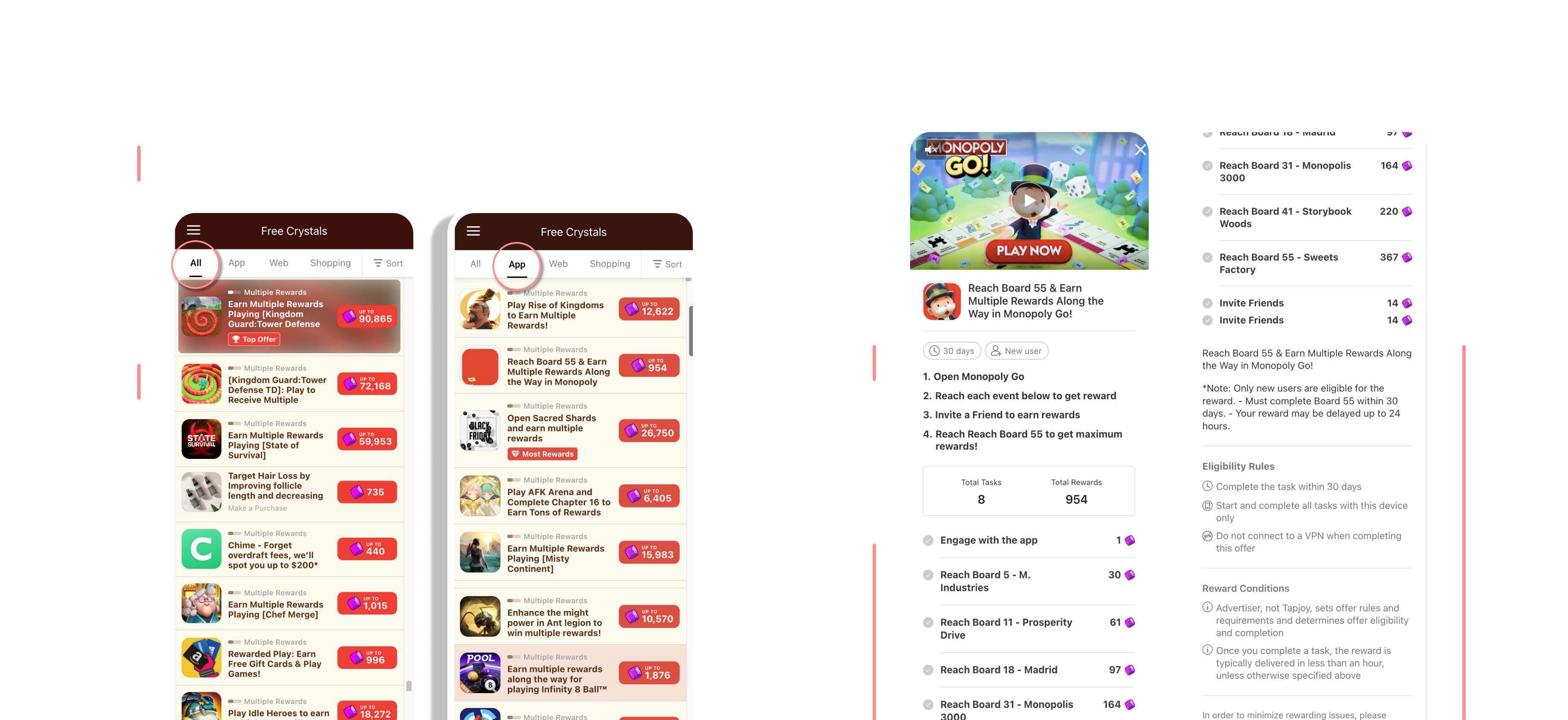 As-is 문제 — 리스트에서 오퍼 속성을 알 수 없음, All tab과 App tab 비교, 경쟁사 분석 (Mistplay, AdJoe, JustPlay)