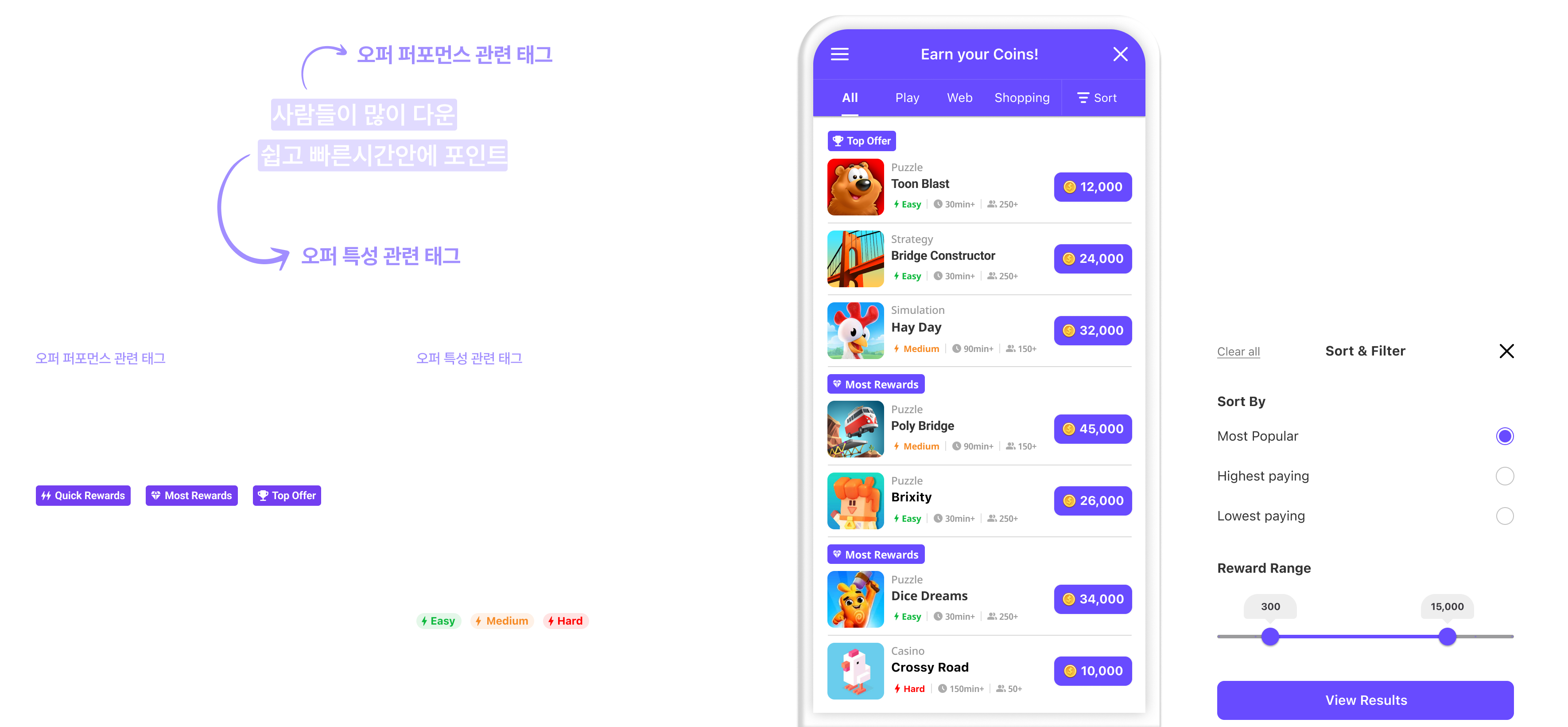 큐레이션 모듈 — Most Popular, Easiest Offers, Best Apps 섹션
