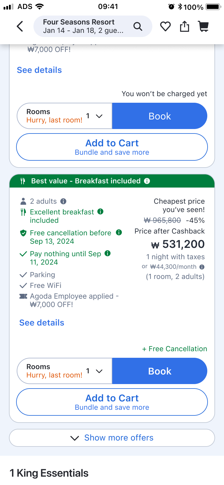 Offer list with a breakfast upsell banner; tapping it opens a sheet comparing breakfast included with the cheapest rate.